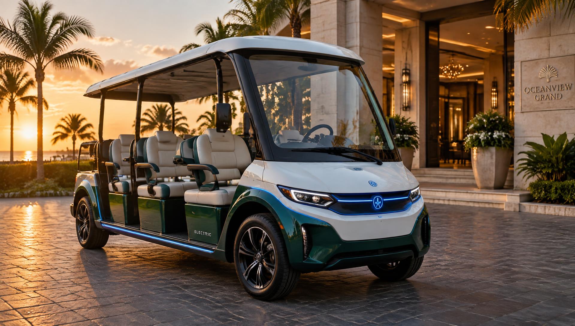 MAHAD.EV electric passenger buggy parked at a resort entrance